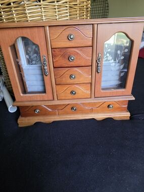 Wood-tone Jewelry Armoire with Etched Glass Doors